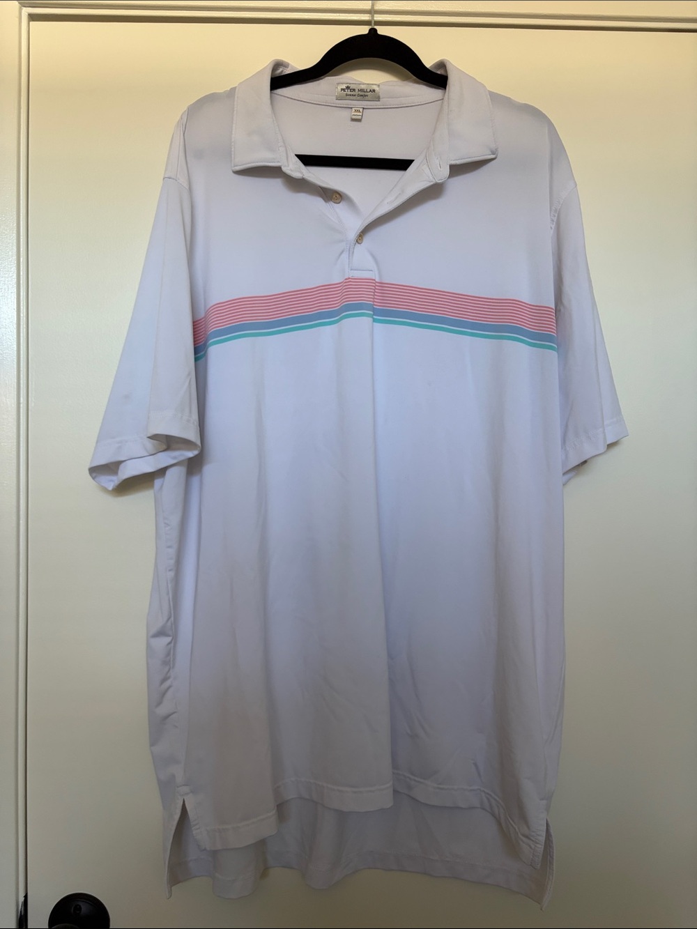 Peter Millar Bandon Dunes White Polo with Pink and Teal Chest Stripes